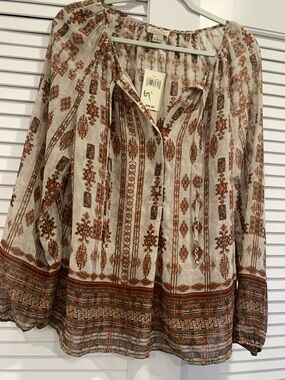 NWT Lucky Brand boho romantic Aztec print peasant blouse billowy Large festival